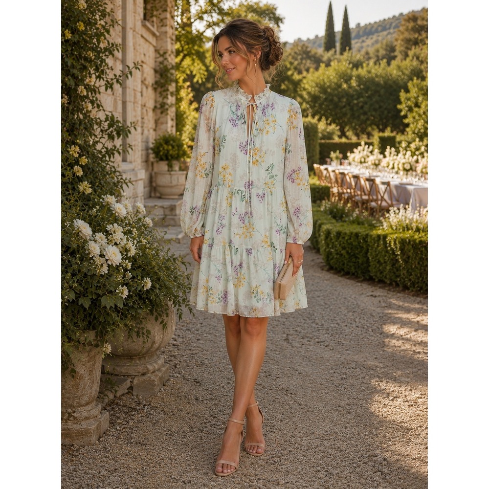 Taylor Mint Green Floral Tiered Babydoll Mini Dress Long Sleeve Garden Party S